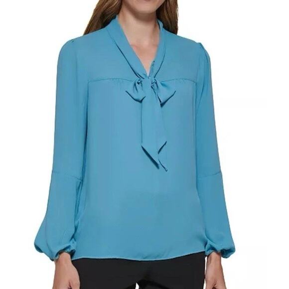 DKNY Cinched Sleeve Bow Tie Blouse Blue Long Sleeve Large New NWT - Picture 1 of 10